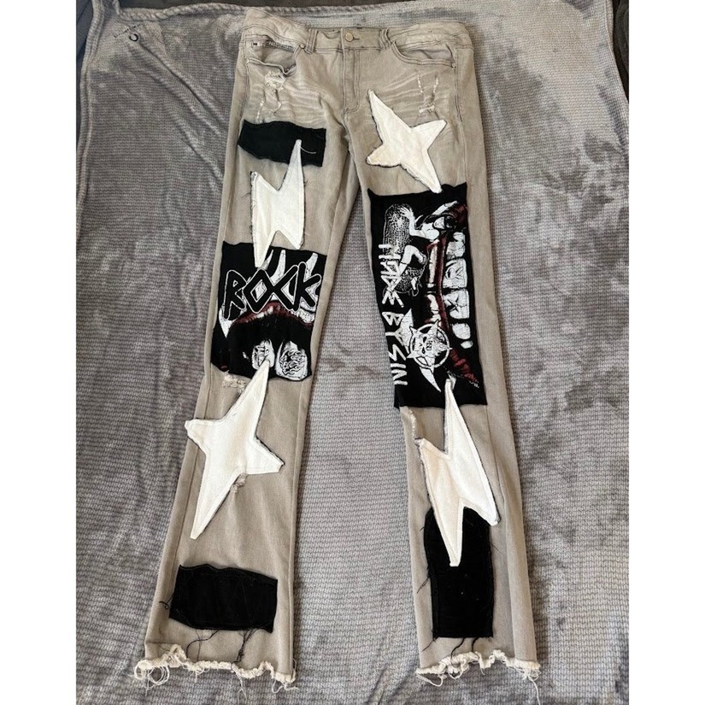 Rockstar Original Flare Denim Jeans Khaki Tan Patchwork Stars Mens 38X35.